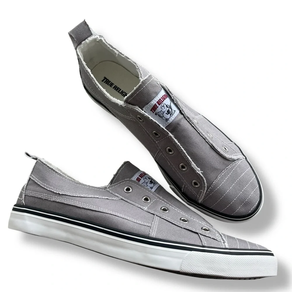 True Religion Men’s Size 13 Gray & White Brodhi Laceless Canvas Slip On Sneakers